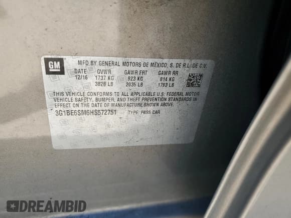 ✅ 2017 Chevrolet Cruze LT • VIN: 3G1BE6SM6HS572751 • Lot: 47690933. Listed on Copart with 65,685 mi. Free auction sales archive from the USA and detailed vehicle history report at DreamBid. Image 13.