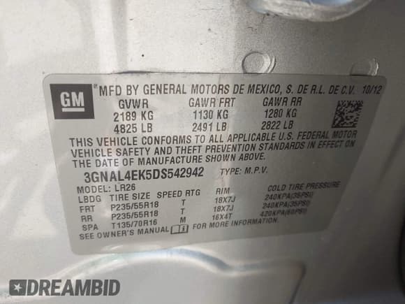 ✅ 2013 Chevrolet Captiva Sport LTZ • VIN: 3GNAL4EK5DS542942 • Lot: 41991896. Wystawiony na IAAI z przebiegiem 127 354 mil. Bezpłatny archiwum sprzedaży aukcyjnych z USA i szczegółowy raport historii pojazdu na DreamBid. Zdjęcie 9.