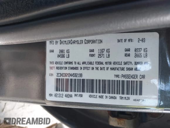 ✅ 2004 Chrysler Concorde LXi • VIN: 2C3HD36M24H592199 • Lot: 43903909. Listed on IAAI with 175,591 mi. Free auction sales archive from the USA and detailed vehicle history report at DreamBid. Image 9.