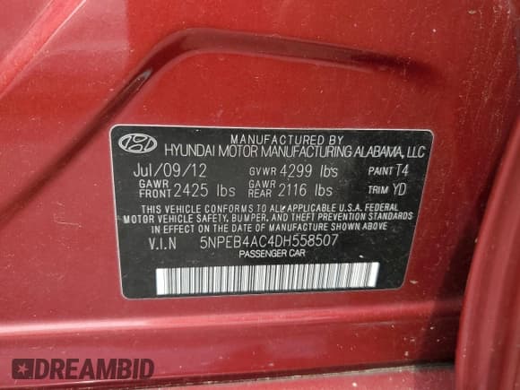 ✅ 2013 Hyundai Sonata GLS • VIN: 5NPEB4AC4DH558507 • Lot: 63796704. Listed on Copart with 121,164 mi. Free auction sales archive from the USA and detailed vehicle history report at DreamBid. Image 13.