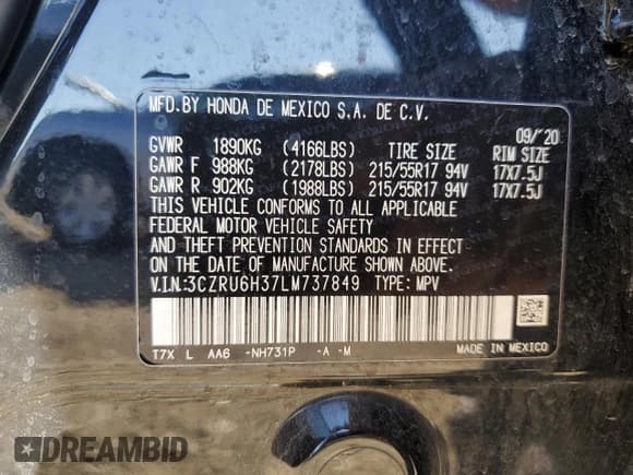 ✅ 2020 Honda HR-V LX • VIN: 3CZRU6H37LM737849 • Lot: 85931975. Wystawiony na Copart z przebiegiem 64 838 mil. Bezpłatny archiwum sprzedaży aukcyjnych z USA i szczegółowy raport historii pojazdu na DreamBid. Zdjęcie 12.