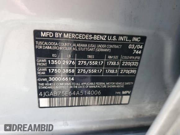 ✅ 2004 Mercedes-Benz M 500 • VIN: 4JGAB75E64A514006 • Лот: 57248265. Опубликован ранее на Copart с пробегом 262 566 миль. Бесплатный доступ к архиву аукционных продаж из США и подробный отчёт об истории автомобиля на DreamBid. Изображение 13.