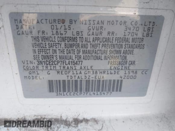 ✅ 2015 Nissan Note S Plus • VIN: 3N1CE2CP7FL415477 • Lot: 42772822. Listed on IAAI with 110,866 mi. Free auction sales archive from the USA and detailed vehicle history report at DreamBid. Image 9.