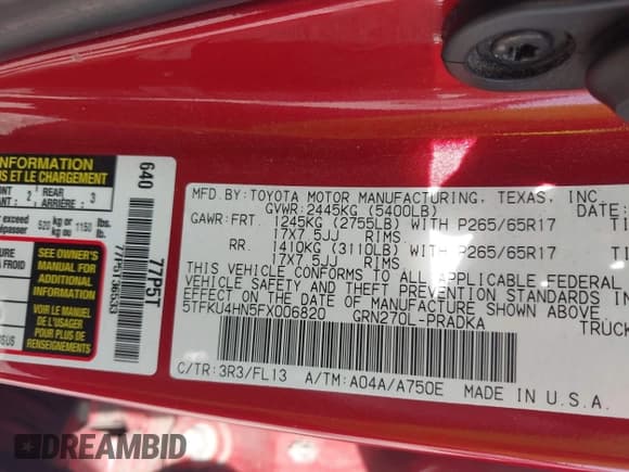 ✅ 2015 Toyota Tacoma PreRunner • VIN: 5TFKU4HN5FX006820 • Lot: 42647115. Listed on IAAI with 197,681 mi. Free auction sales archive from the USA and detailed vehicle history report at DreamBid. Image 9.