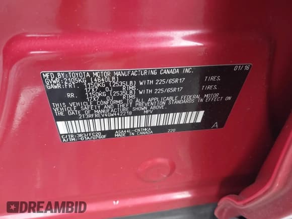 ✅ 2016 Toyota RAV4 XLE • VIN: 2T3RFREV4GW442218 • Лот: 42367174. Опубликован ранее на IAAI с пробегом Не указан. Бесплатный доступ к архиву аукционных продаж из США и подробный отчёт об истории автомобиля на DreamBid. Изображение 9.