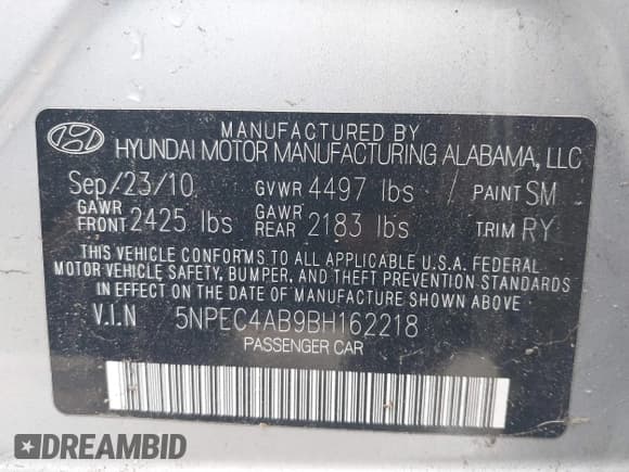 ✅ 2011 Hyundai Sonata Limited • VIN: 5NPEC4AB9BH162218 • Lot: 43682255. Listed on IAAI with 198,955 mi. Free auction sales archive from the USA and detailed vehicle history report at DreamBid. Image 9.