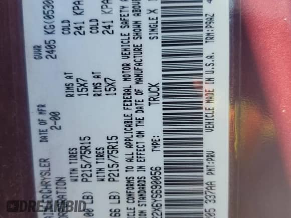 2000 Dodge Dakota with VIN 1B7GL22X6YS690056, listed as a Copart auction lot 76450734 with 261,486 mi miles and Salvage title. Bid and sale history available at DreamBid. Image 12.