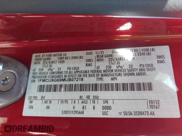 ✅ 2021 Ford Escape SE • VIN: 1FMCU9G69MUB07218 • Lot: 43547393. Listed on IAAI with 65,090 mi. Free auction sales archive from the USA and detailed vehicle history report at DreamBid. Image 9.