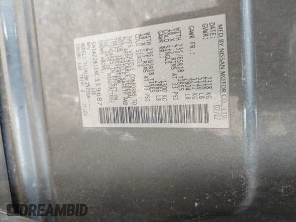 ✅ 2022 Nissan Murano SV • VIN: 5N1AZ2BJ1NC119687 • Lot: 42574193. Listed on IAAI with 58,544 mi. Free auction sales archive from the USA and detailed vehicle history report at DreamBid. Image 9.