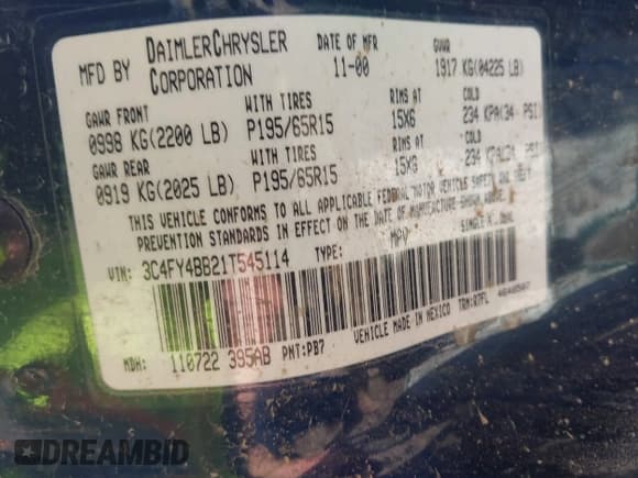 ✅ 2001 Chrysler PT Cruiser • VIN: 3C4FY4BB21T545114 • Lot: 43431984. Wystawiony na IAAI z przebiegiem 142 956 mil. Bezpłatny archiwum sprzedaży aukcyjnych z USA i szczegółowy raport historii pojazdu na DreamBid. Zdjęcie 9.