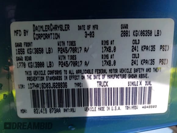 ✅ 2003 Dodge 1500 ST • VIN: 1D7HA16D03J628936 • Лот: 42091869. Опубликован ранее на IAAI с пробегом 46 398 миль. Бесплатный доступ к архиву аукционных продаж из США и подробный отчёт об истории автомобиля на DreamBid. Изображение 9.