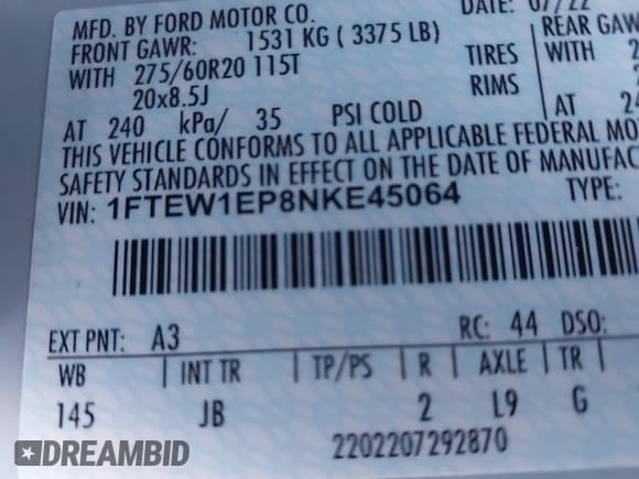 ✅ 2022 Ford F-150 XL • VIN: 1FTEW1EP8NKE45064 • Лот: 41329954. Опубликован ранее на IAAI с пробегом 26 489 миль. Бесплатный доступ к архиву аукционных продаж из США и подробный отчёт об истории автомобиля на DreamBid. Изображение 9.