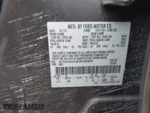 ✅ 2013 Ford Edge SEL • VIN: 2FMDK4JC4DBC65225 • Lot: 42376908. Wystawiony na IAAI z przebiegiem 226 771 mil. Bezpłatny archiwum sprzedaży aukcyjnych z USA i szczegółowy raport historii pojazdu na DreamBid. Zdjęcie 9.