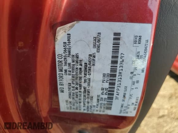 ✅ 2003 Ford Focus ZX3 • VIN: 3FAFP31313R133697 • Lot: 63413015. Listed on Copart with 137,565 mi. Free auction sales archive from the USA and detailed vehicle history report at DreamBid. Image 12.