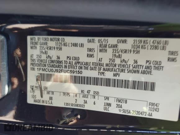 ✅ 2015 Ford Escape Titanium • VIN: 1FMCU0J92FUC59150 • Lot: 43424833. Listed on IAAI with 86,774 mi. Free auction sales archive from the USA and detailed vehicle history report at DreamBid. Image 9.