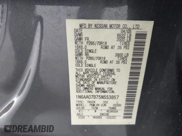 ✅ 2005 Nissan Titan LE • VIN: 1N6AA07B75N553857 • Lot: 42110183. Listed on IAAI with 166,064 mi. Free auction sales archive from the USA and detailed vehicle history report at DreamBid. Image 9.