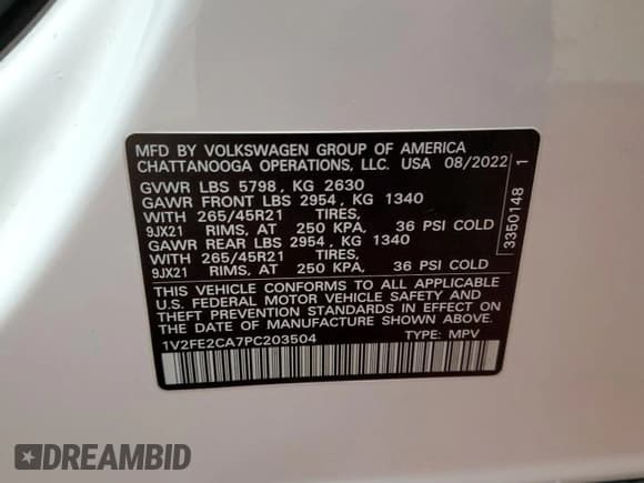 ✅ 2023 Volkswagen Atlas SEL Premium R-Line • VIN: 1V2FE2CA7PC203504 • Lot: 57632605. Listed on Copart with 47,875 mi. Free auction sales archive from the USA and detailed vehicle history report at DreamBid. Image 13.