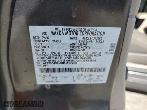 ✅ 2008 Mazda Tribute Touring • VIN: 4F2CZ49H88KM17286 • Лот: 74681264. Опубликован ранее на Copart с пробегом 162 688 миль. Бесплатный доступ к архиву аукционных продаж из США и подробный отчёт об истории автомобиля на DreamBid. Изображение 13.