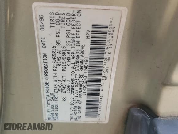 ✅ 1996 Toyota Previa • VIN: JT3GK12M0T1240490 • Лот: 62648705. Опубликован ранее на Copart с пробегом 243 289 миль. Бесплатный доступ к архиву аукционных продаж из США и подробный отчёт об истории автомобиля на DreamBid. Изображение 13.