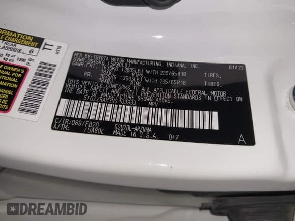 ✅ 2022 Toyota Highlander LE • VIN: 5TDZZRAH3NS103939 • Лот: 43591351. Опубликован ранее на IAAI с пробегом 48 152 миль. Бесплатный доступ к архиву аукционных продаж из США и подробный отчёт об истории автомобиля на DreamBid. Изображение 9.