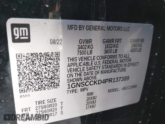 ✅ 2023 Chevrolet Suburban LT • VIN: 1GNSCCKD4PR137389 • Lot: 43398695. Listed on IAAI with 121,288 mi. Free auction sales archive from the USA and detailed vehicle history report at DreamBid. Image 9.