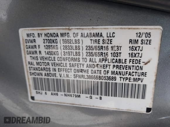 ✅ 2006 Honda Odyssey EX-L • VIN: 5FNRL38666B053689 • Lot: 43836082. Listed on IAAI with 171,596 mi. Free auction sales archive from the USA and detailed vehicle history report at DreamBid. Image 9.