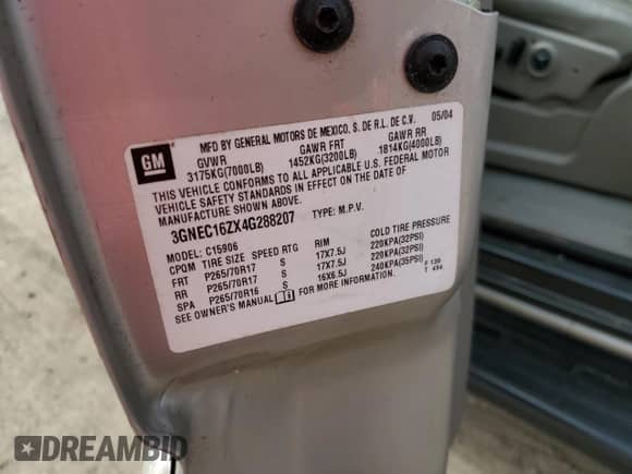 2004 Chevrolet Suburban LT с VIN 3GNEC16ZX4G288207, выставлен на аукционе Copart как лот 85116434 с пробегом Не указан миль и Чистый • Clean title. История ставок и продаж доступна на DreamBid. Изображение 13.