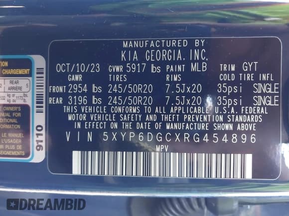 ✅ 2024 Kia Telluride S • VIN: 5XYP6DGCXRG454896 • Lot: 42994455. Listed on IAAI with 50,137 mi. Free auction sales archive from the USA and detailed vehicle history report at DreamBid. Image 9.