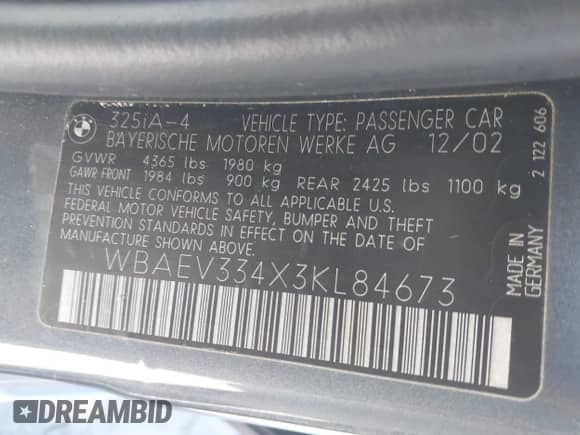 2003 BMW 3 Series 325i with VIN WBAEV334X3KL84673, listed as a IAAI auction lot 43072937 with 120,407 mi miles and . Bid and sale history available at DreamBid. Image 9.