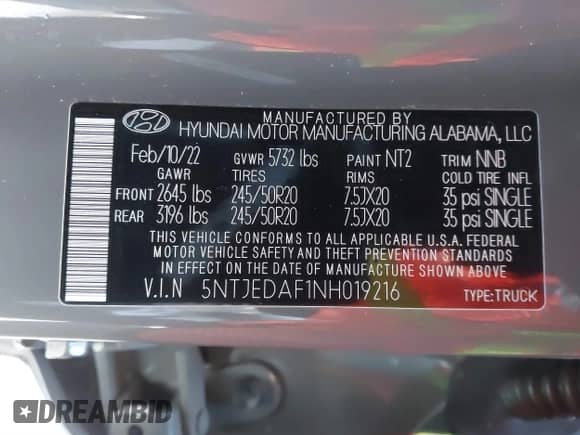 2022 Hyundai Santa Cruz Limited с VIN 5NTJEDAF1NH019216, выставлен на аукционе IAAI как лот 41312793 с пробегом 29 303 миль миль и . История ставок и продаж доступна на DreamBid. Изображение 9.