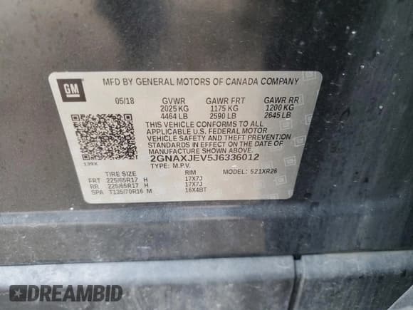 ✅ 2018 Chevrolet Equinox LT • VIN: 2GNAXJEV5J6336012 • Лот: 90982725. Опубликован ранее на Copart с пробегом 126 541 миль. Бесплатный доступ к архиву аукционных продаж из США и подробный отчёт об истории автомобиля на DreamBid. Изображение 13.