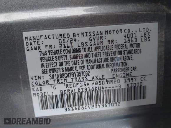 ✅ 2024 Nissan Sentra SV • VIN: 3N1AB8CV2RY357092 • Lot: 42214269. Listed on IAAI with 8,737 mi. Free auction sales archive from the USA and detailed vehicle history report at DreamBid. Image 9.