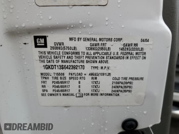 ✅ 2004 GMC Envoy SLE • VIN: 1GKDT13S642392170 • Lot: 66262015. Listed on Copart with 290,581 mi. Free auction sales archive from the USA and detailed vehicle history report at DreamBid. Image 13.