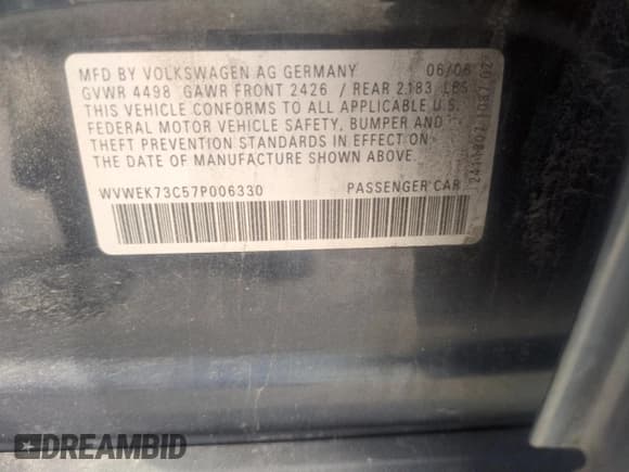 ✅ 2007 Volkswagen Passat 2.0T • VIN: WVWEK73C57P006330 • Lot: 56313035. Listed on Copart with 247,819 mi. Free auction sales archive from the USA and detailed vehicle history report at DreamBid. Image 12.