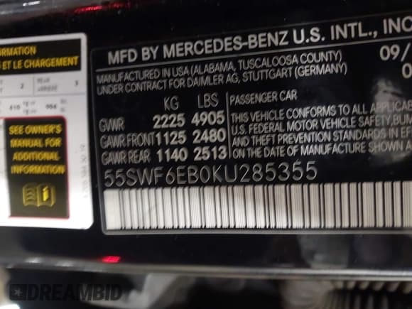 ✅ 2019 Mercedes-Benz C 43 AMG • VIN: 55SWF6EB0KU285355 • Lot: 41935660. Wystawiony na IAAI z przebiegiem 160 525 mil. Bezpłatny archiwum sprzedaży aukcyjnych z USA i szczegółowy raport historii pojazdu na DreamBid. Zdjęcie 9.