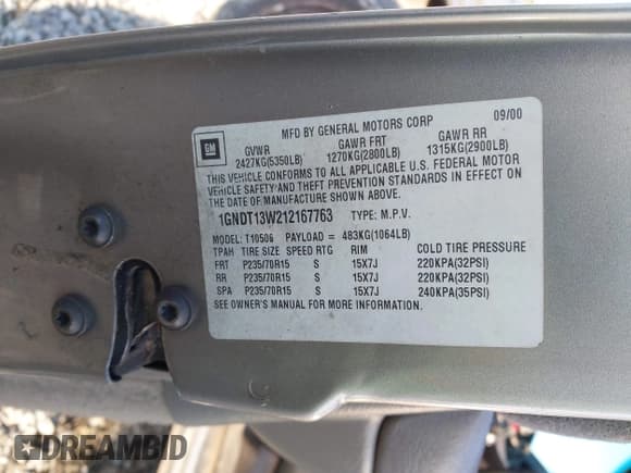 ✅ 2001 Chevrolet Blazer LT • VIN: 1GNDT13W212167763 • Lot: 41997079. Wystawiony na IAAI z przebiegiem 173 050 mil. Bezpłatny archiwum sprzedaży aukcyjnych z USA i szczegółowy raport historii pojazdu na DreamBid. Zdjęcie 9.