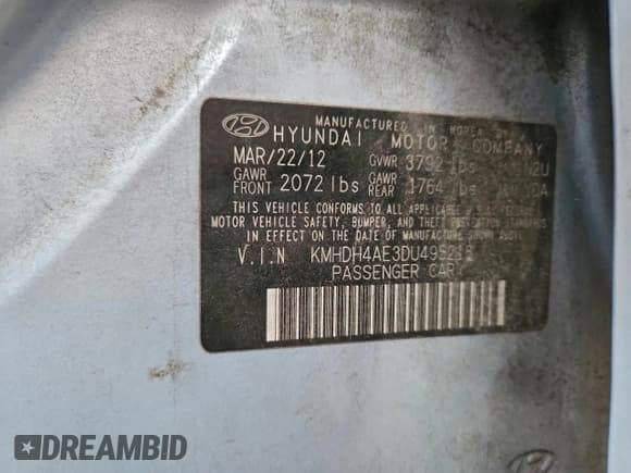 ✅ 2013 Hyundai Elantra GLS • VIN: KMHDH4AE3DU495218 • Lot: 94187695. Listed on Copart with 145,171 mi. Free auction sales archive from the USA and detailed vehicle history report at DreamBid. Image 13.