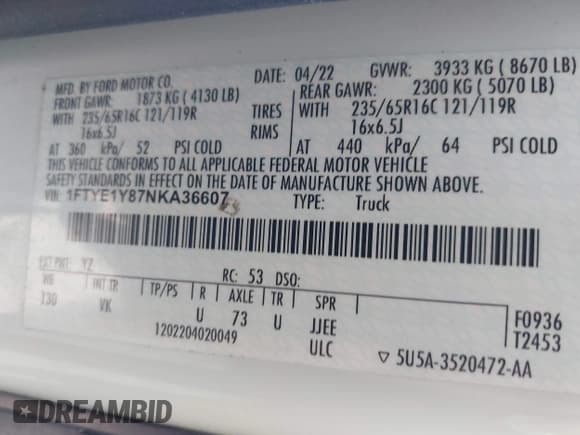 ✅ 2022 Ford Transit Cargo • VIN: 1FTYE1Y87NKA36607 • Lot: 42699142. Listed on IAAI with 90,135 mi. Free auction sales archive from the USA and detailed vehicle history report at DreamBid. Image 9.