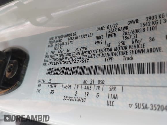 ✅ 2022 Ford F-150 XL • VIN: 1FTEW1CP3NFA77517 • Lot: 41321317. Listed on IAAI with 58,675 mi. Free auction sales archive from the USA and detailed vehicle history report at DreamBid. Image 9.