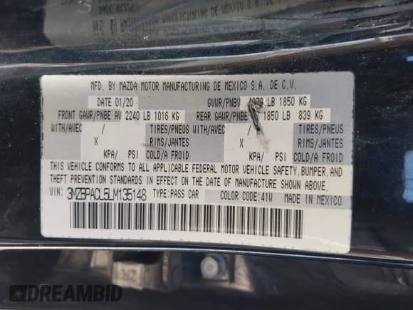 ✅ 2020 Mazda 3 Select • VIN: 3MZBPACL5LM135148 • Lot: 42263031. Listed on IAAI with 85,739 mi. Free auction sales archive from the USA and detailed vehicle history report at DreamBid. Image 9.