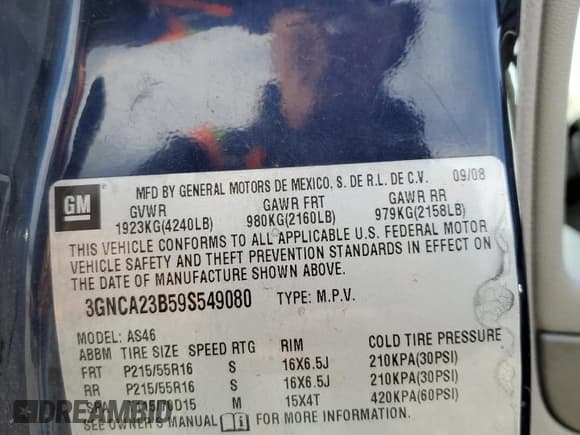 ✅ 2009 Chevrolet HHR 1LT • VIN: 3GNCA23B59S549080 • Lot: 43065705. Listed on Copart with 145,031 mi. Free auction sales archive from the USA and detailed vehicle history report at DreamBid. Image 15.