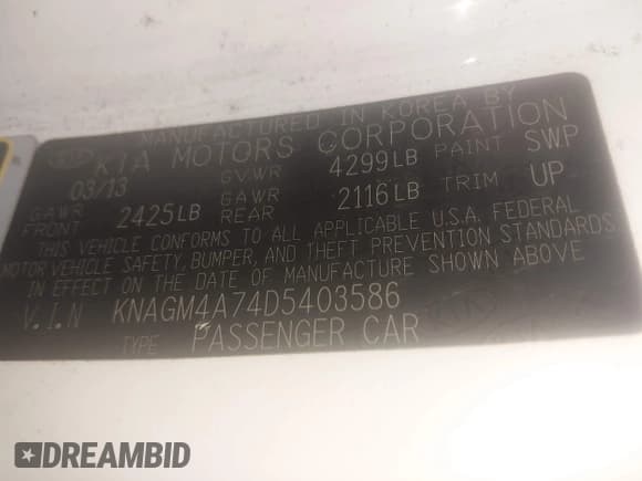 ✅ 2013 Kia Optima LX • VIN: KNAGM4A74D5403586 • Lot: 43658195. Listed on IAAI with 222,104 mi. Free auction sales archive from the USA and detailed vehicle history report at DreamBid. Image 9.