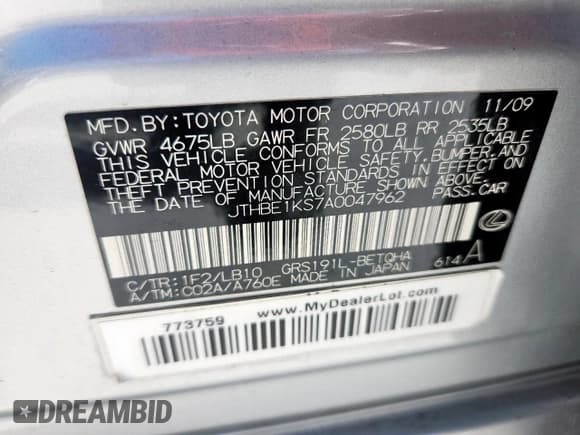 ✅ 2010 Lexus GS 350 • VIN: JTHBE1KS7A0047962 • Lot: 66498605. Wystawiony na Copart z przebiegiem 212 449 mil. Bezpłatny archiwum sprzedaży aukcyjnych z USA i szczegółowy raport historii pojazdu na DreamBid. Zdjęcie 12.