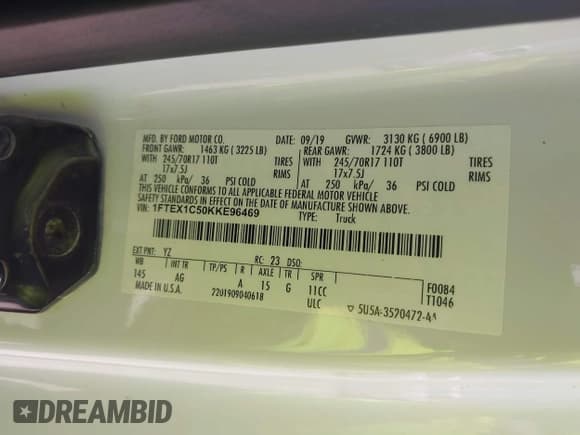 ✅ 2019 Ford F-150 XL • VIN: 1FTEX1C50KKE96469 • Lot: 42833742. Listed on IAAI with 165,308 mi. Free auction sales archive from the USA and detailed vehicle history report at DreamBid. Image 9.