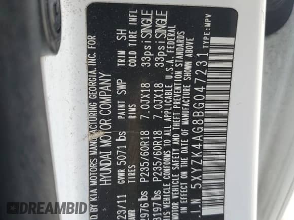 2011 Hyundai Santa Fe Limited with VIN 5XYZK4AG8BG047231, listed as a Copart auction lot 81772115 with 155,441 mi miles and Salvage title. Bid and sale history available at DreamBid. Image 13.