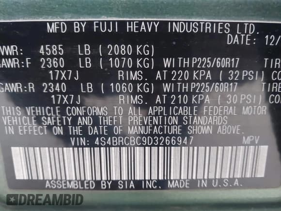 ✅ 2013 Subaru Outback Premium • VIN: 4S4BRCBC9D3266947 • Лот: 43765319. Опубликован ранее на IAAI с пробегом 168 991 миль. Бесплатный доступ к архиву аукционных продаж из США и подробный отчёт об истории автомобиля на DreamBid. Изображение 9.