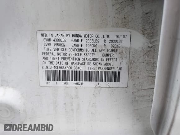 ✅ 2008 Acura TSX • VIN: JH4CL968X8C013840 • Lot: 43755558. Listed on IAAI with 209,287 mi. Free auction sales archive from the USA and detailed vehicle history report at DreamBid. Image 9.