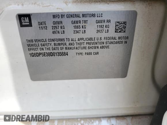 ✅ 2013 Cadillac CTS Premium • VIN: 1G6DP5E38D0135684 • Lot: 52454005. Listed on Copart with Not provided. Free auction sales archive from the USA and detailed vehicle history report at DreamBid. Image 14.