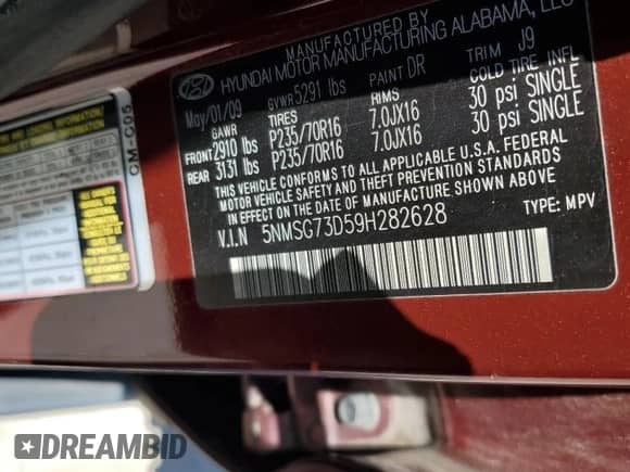 2009 Hyundai Santa Fe GLS с VIN 5NMSG73D59H282628, выставлен на аукционе Copart как лот 70289615 с пробегом 164 480 миль миль и Списание • Salvage title. История ставок и продаж доступна на DreamBid. Изображение 12.