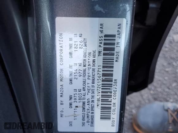 ✅ 2012 Mazda 3 i Touring • VIN: JM1BL1V72C1567711 • Lot: 92063405. Listed on Copart with 232,963 mi. Free auction sales archive from the USA and detailed vehicle history report at DreamBid. Image 12.